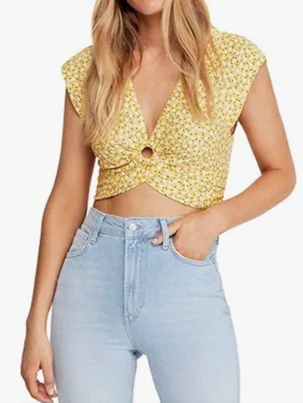 Free People Yellow Floral Twist-Ring Crop Top